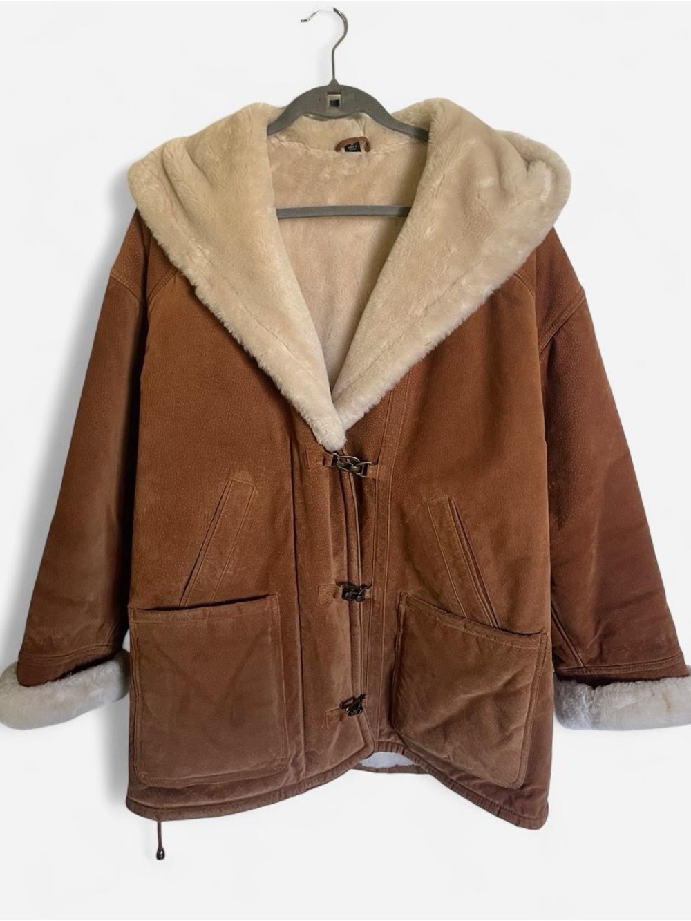 Vintage 90s Gallery Tan Genuine Suede Leather Hooded Toggle Shearling Coat S